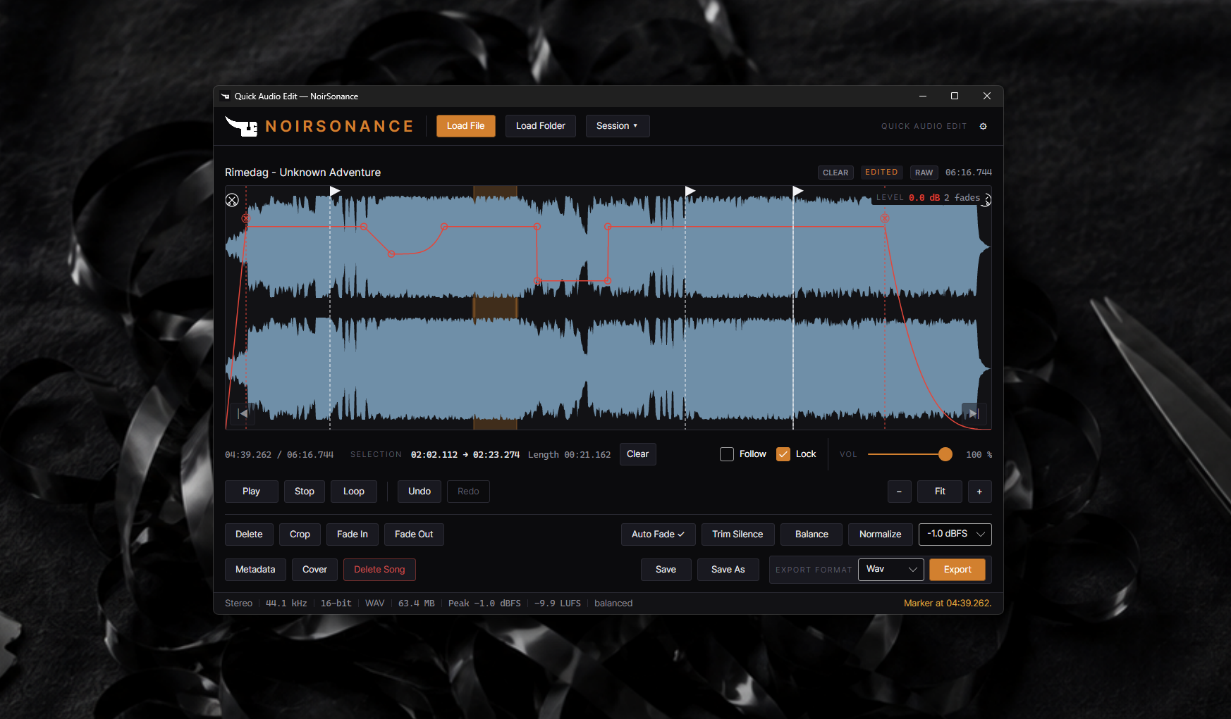Quick Audio Edit application showing a waveform editing session