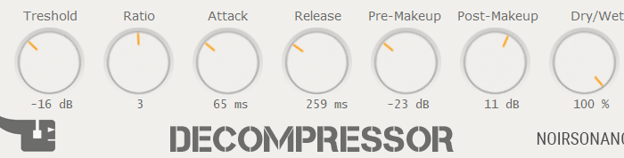 NoirSonance Decompressor upward dynamics plugin interface with threshold, ratio, timing, gain and dry wet controls